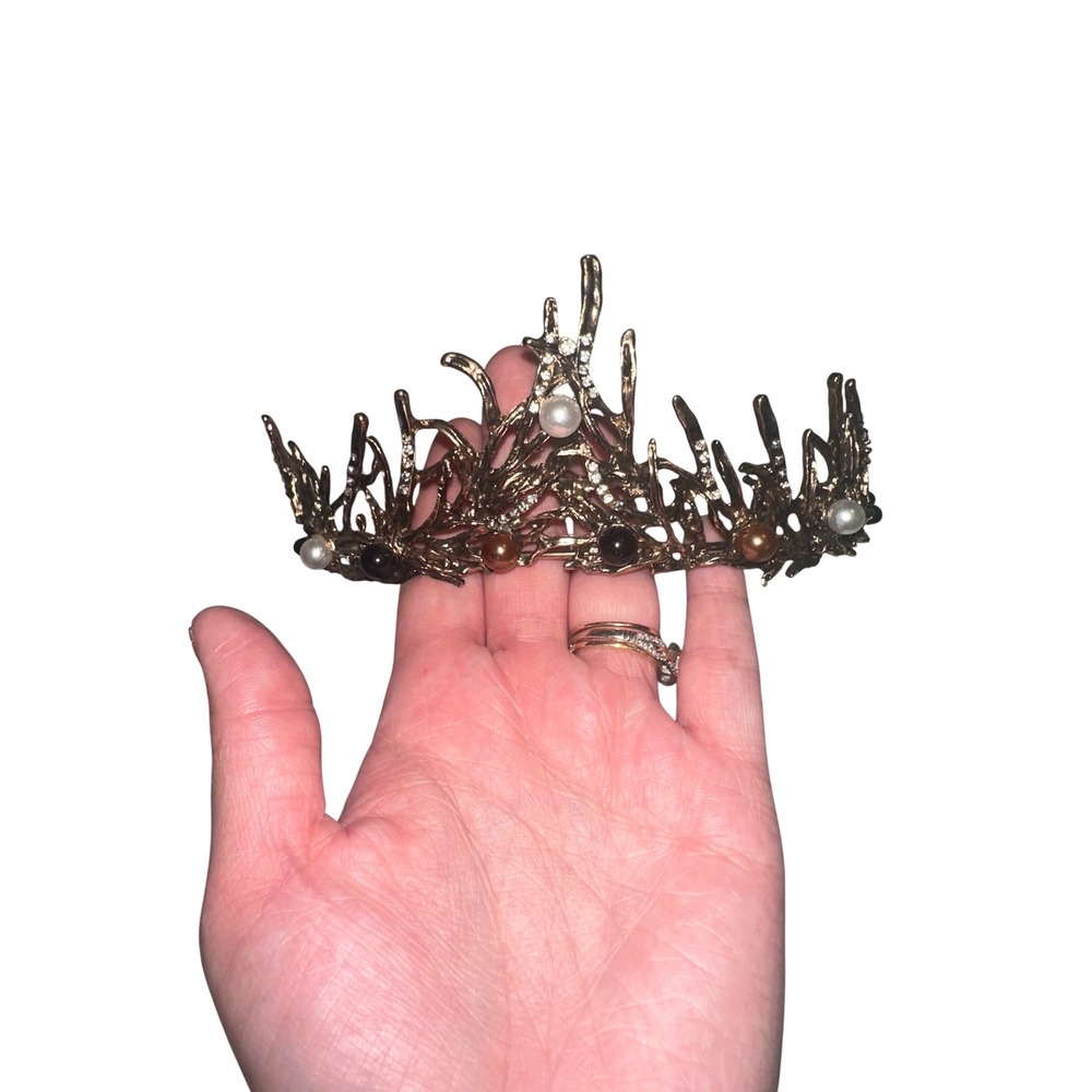Bronze Branch Tiara Crown Faux Pearl Rhinestone Costume Headpiece Whimsical